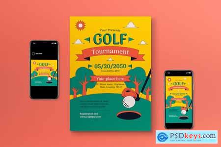 Yellow Flat Design Golf Tournament Flyer Set