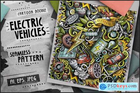 Electric Cars Doodle Cartoon Seamless Pattern