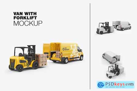 Set Forklift with Boxes And Panel Van Mockup