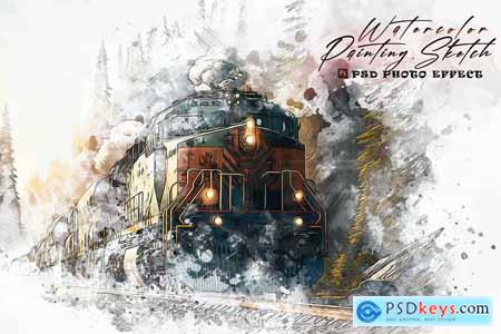 Watercolor painting sketch photo effect PSD