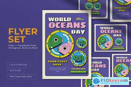 Purple Flat Design World Ocean Day Flyer Set