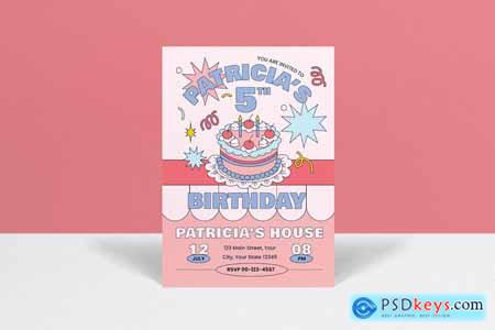 Pink Cartoon Retro Kids Birthday Invitation