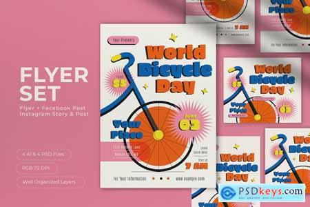 Orange Flat Design World Bicycle Day Flyer Set