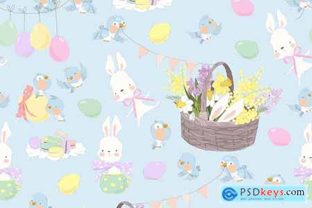 Vector Seamless Pattern with Cute White Bunnies