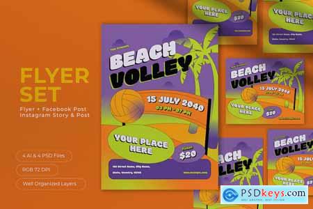 Purple Flat Design Beach Volley Flyer Set