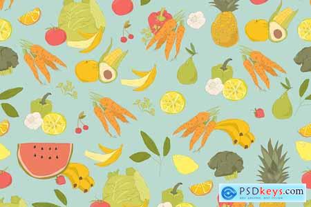 Vector Seamless Pattern with Fruits and Vegetables