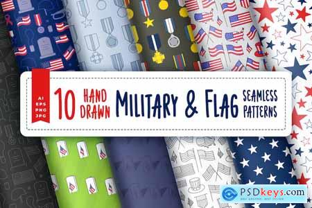 Hand Drawn US Military and Flag Seamless Patterns