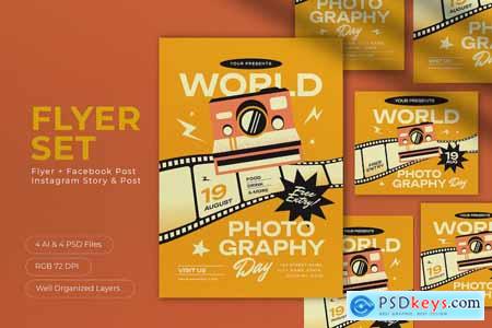 Yellow Flat Design World Photography Day Flyer Set