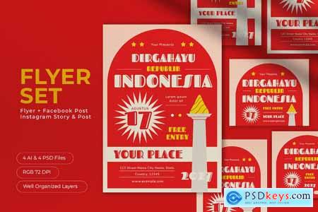 Red Flat Design Dirgahayu Indonesia Flyer Set