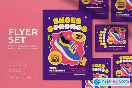 Purple Flat Design Shoes Promo Flyer Set