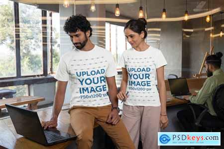 Round-Neck Tee Mockup of a Man and a Woman Working