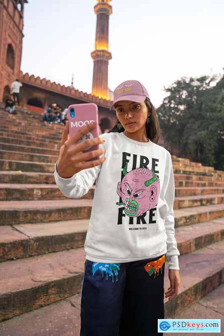 Round-Neck Sweatshirt Mockup Featuring a Woman