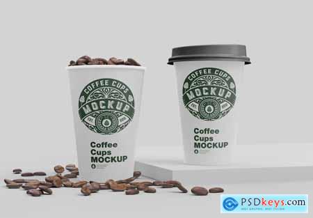 Scene with Paper Cups and Coffee Beans Mockup
