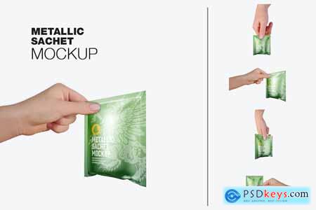 Set Metallic Sachets with Hands Mockup