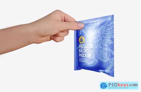 Set Metallic Sachets with Hands Mockup