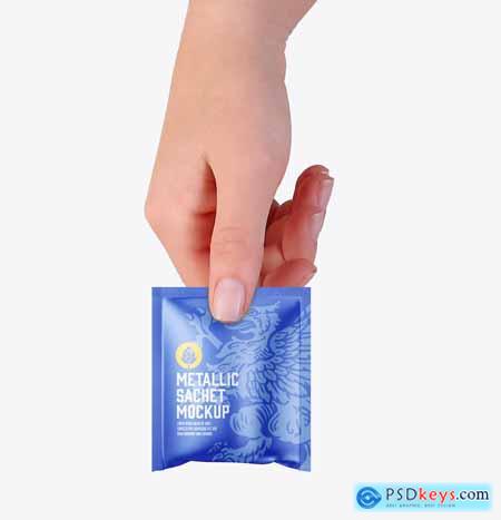 Set Metallic Sachets with Hands Mockup