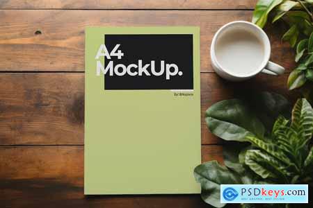 A4 Document Mockup With Wooden Background #01
