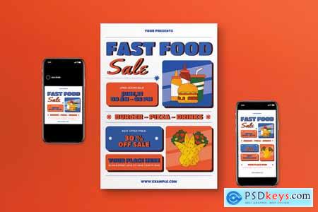 Orange Blue Flat Design Fast Food Flyer Set