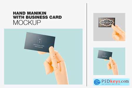 wooden mannequin hand holding business card mockup