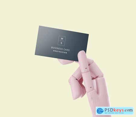 wooden mannequin hand holding business card mockup