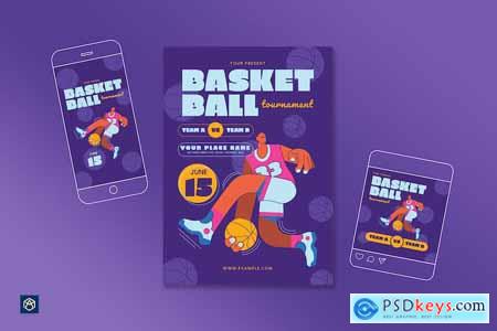 Purple Flat Basketball Tournament Flyer Set 004