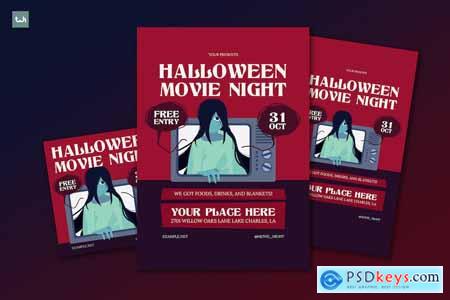 Flat Red Halloween Movie Night Flyer Set 003