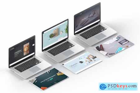 3 Laptops And Floating Screens Mockup