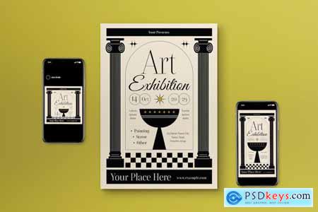 Beige Flat Design Art Exhibition Flyer Set