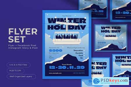 Blue Flat Design Winter Holiday Flyer Set