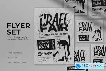 Grey Retro Cartoon Craft Fair Flyer Set