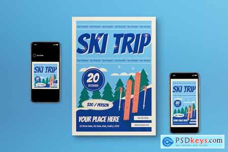 Blue Flat Design Ski Trip Flyer Set