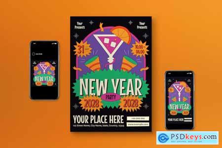 Black Colorful New Year Party Flyer Set
