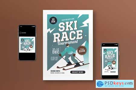 Blue Flat Design Ski Race Tournament Flyer Set