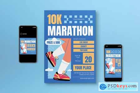 Blue Hand Drawn 10k Marathon Flyer Set