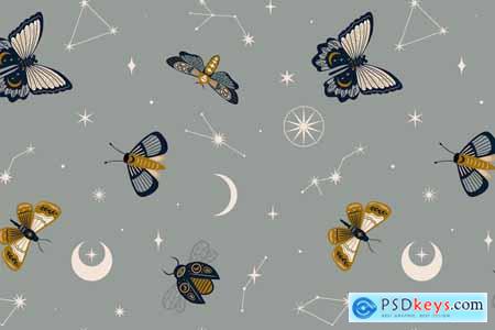 Seamless Pattern With Moths And Stars
