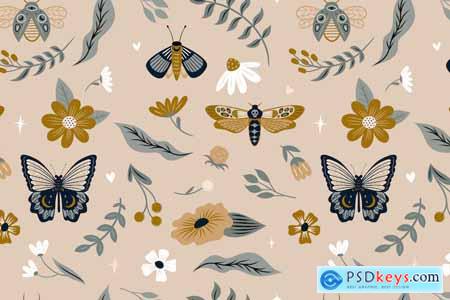 Seamless Pattern With Moths And Plants CABRWEV