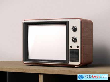 Vintage Retro TV Mockup on Wooden Table Set