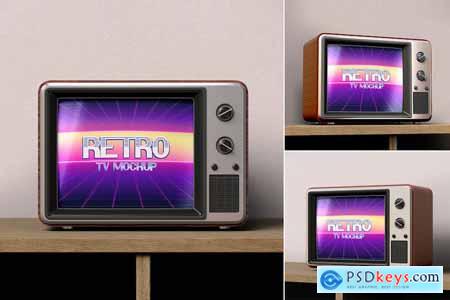 Vintage Retro TV Mockup on Wooden Table Set