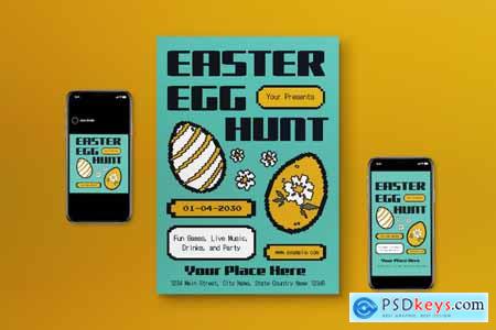 Cyan Black Y2K Pixellate Easter Egg Hunt Flyer Set