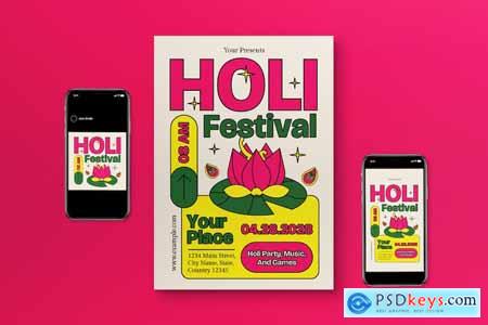 Pink Line Art Holi Festival Flyer Set