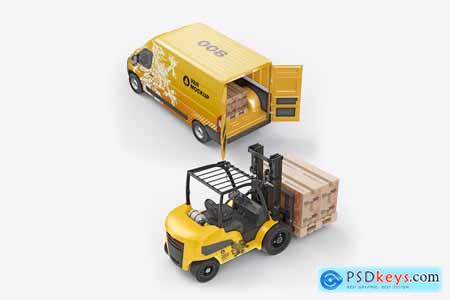 Forklift with Boxes And Panel Van Mockup