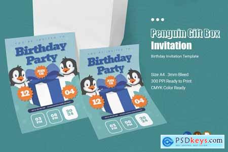 Penguin Gift Box Birthday Party Invitation