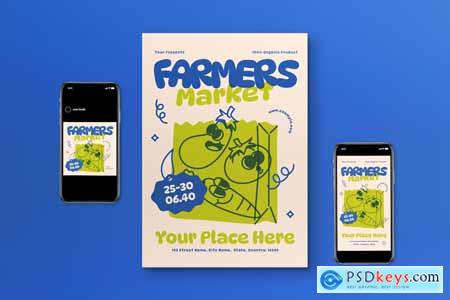 Blue Cartoon Farmers Market Flyer Set