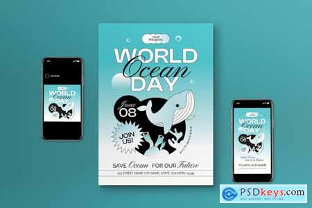 Blue Flat Design World Ocean Day Flyer Set