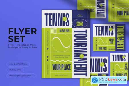 Yellow Flat Design Tennis Tournament Flyer Set