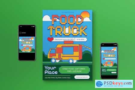 Blue Pixellate Food Truck Flyer Set