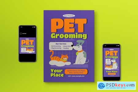 Purple Flat Design Pet Grooming Flyer Set