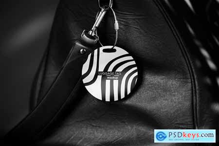 Round Luggage Tag Hanging on a Leather Bag Mockup