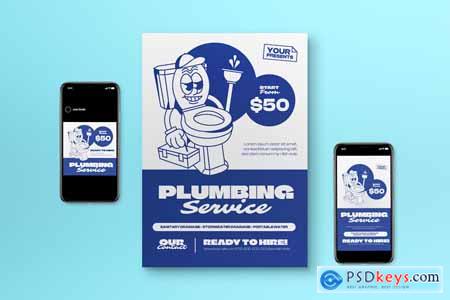 Blue Retro Cartoon Plumbing Service Flyer Set