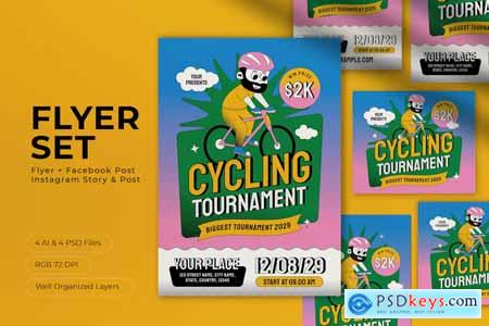 Green Retro Cartoon Cycling Tournament Flyer Set